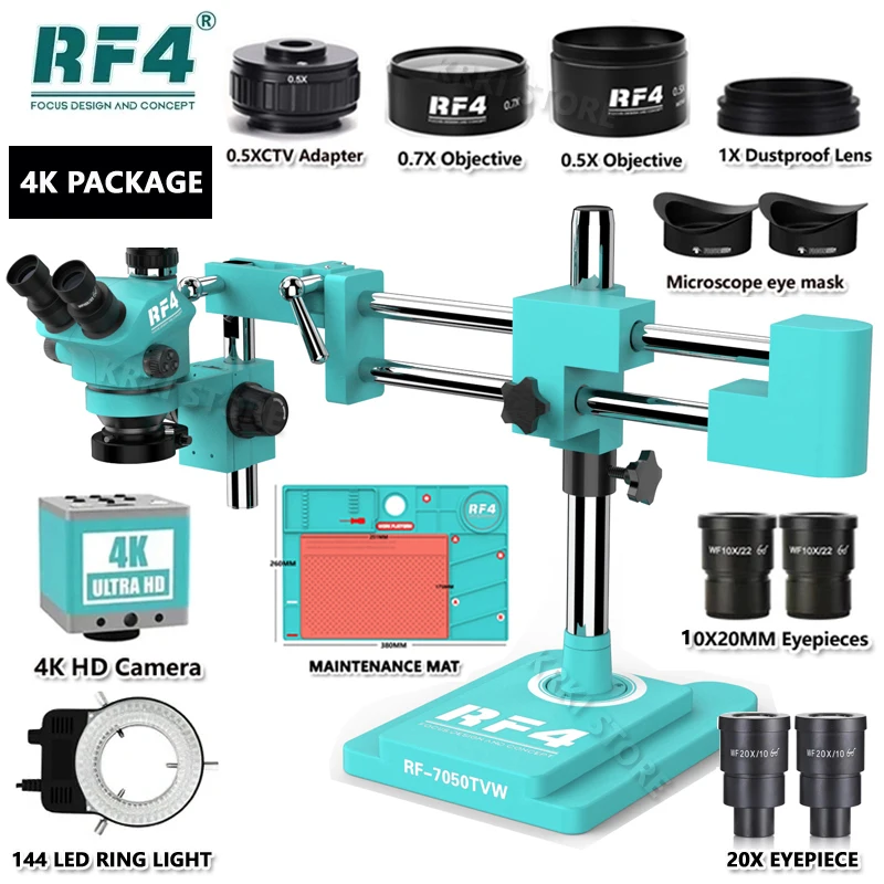 RF4 3.5X-100X Simul-Focus Double Boom Stand Trinocular Stereo Zoom Microscope 48MP 55MP 2K 4K HDMI VGA USB Camera For PCB Repair