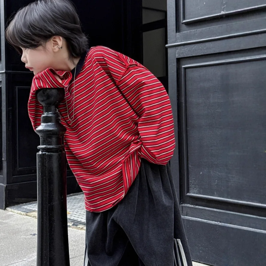 Children Clothing Boys Fashionable Casual Retro T Shirt 2025 Autumn New Boys Striped Personality Top Loose Versatile Pullover