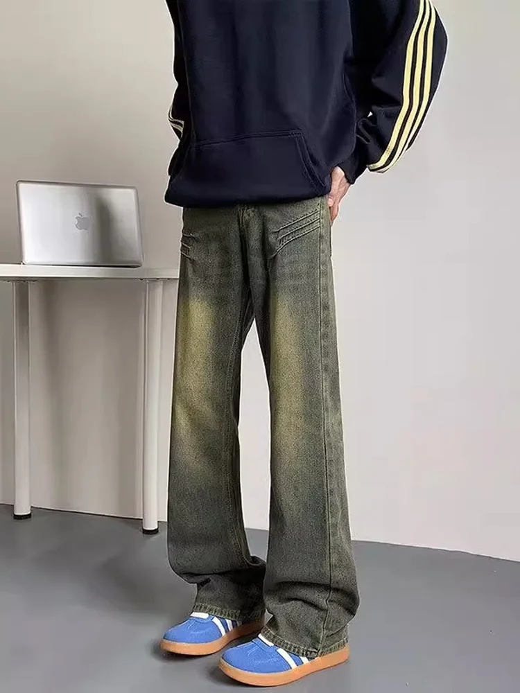 

Cleanfit American Retro Distred Wide Leg Jeans Men's Spring Autumn Loose Casual Straight Cut Denim Pants High Waist Long P...
