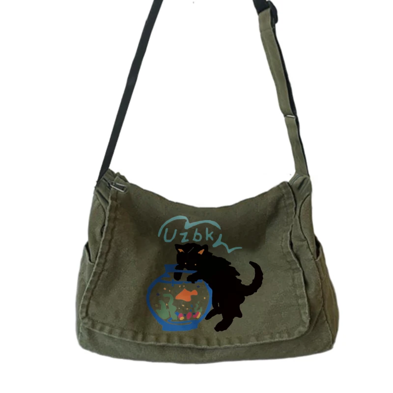 

Playful Cat Print Canvas Shoulder Bag For Women Tote Crossbody Bag Large Laptop Bag For Women Retro Messenger Bag Travel