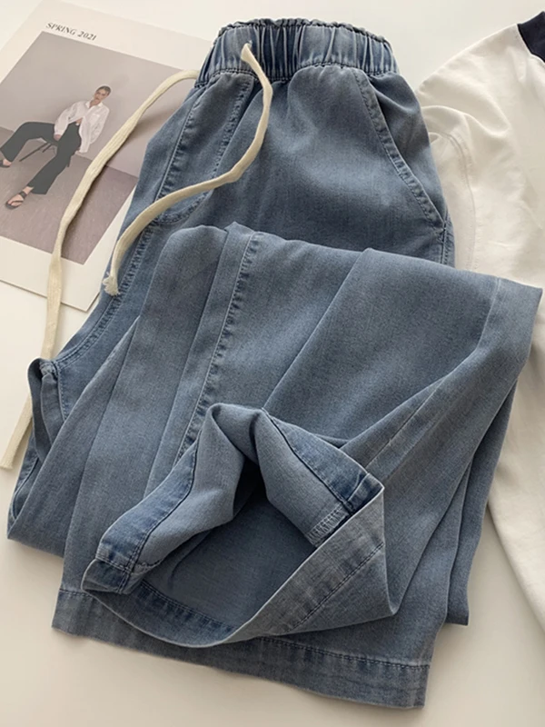 

High Waist Elastic Waist Drawstring Thin Wide Leg Jeans Women's Summer Slimming Denim Pants plus Size Blue Long Pants