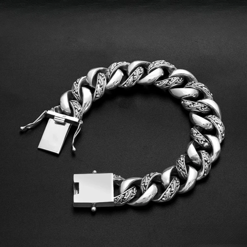

100% s925 Sterling Silver trend Retro fashion Cuban charm Solid Bracelet Men's cuff trend Powerful street fashion jewelry gift