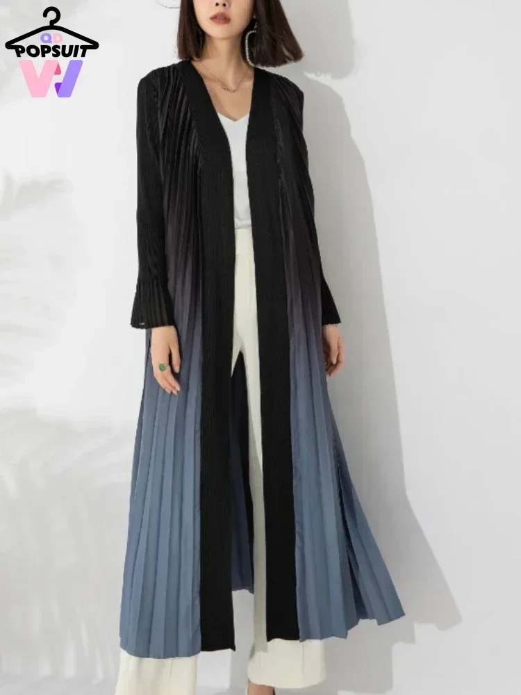 New in Autumn Women Cardigan (LENGTH:142CM) Cloak Gradient Pleated Windbreaker Flare Sleeve Gradual Color Long Trench Coat Dress