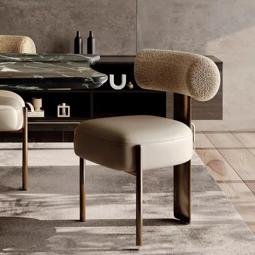 

Luxury Dining Chair Restaurant Kitchen Leather Upholstery Creative Boucle Metal Frame Modern Minimalist Dining Room Chairs
