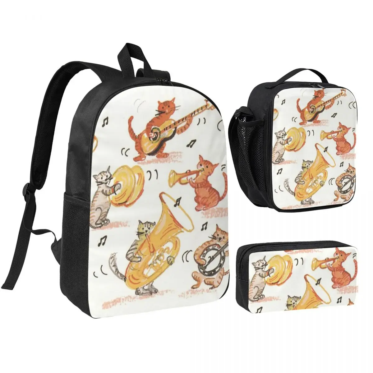 Cat Orchestra Kitten And Music Design Backpack Boys Girls BookBag School Bag Shoulder Bags 3ps Insulated Lunch Bag Pencil Case
