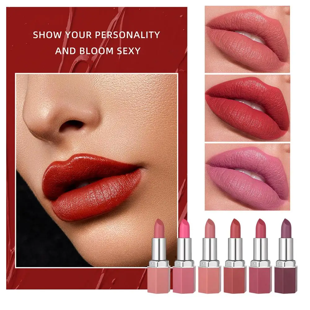 6-color matte Moisturizing Lipstick Non Easy to Stick Cup Tint Lip Fading Velvet Non Finish Makeup P6X8