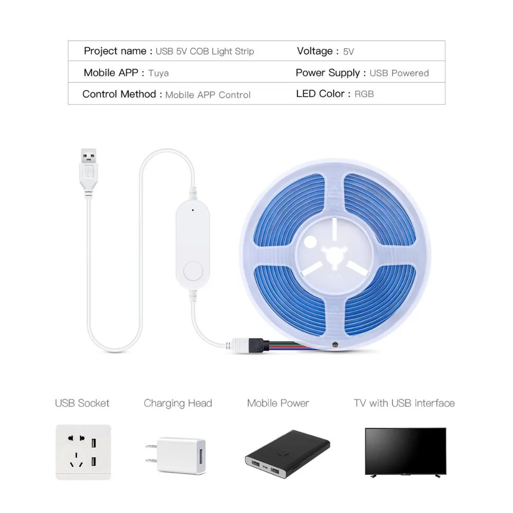 5V USB Tuya WiFi RGB COB LED Strip Light 1-5M Dimmable Smart Lamp Voice Control TV BackLight Room Decor Work with Alexa Google