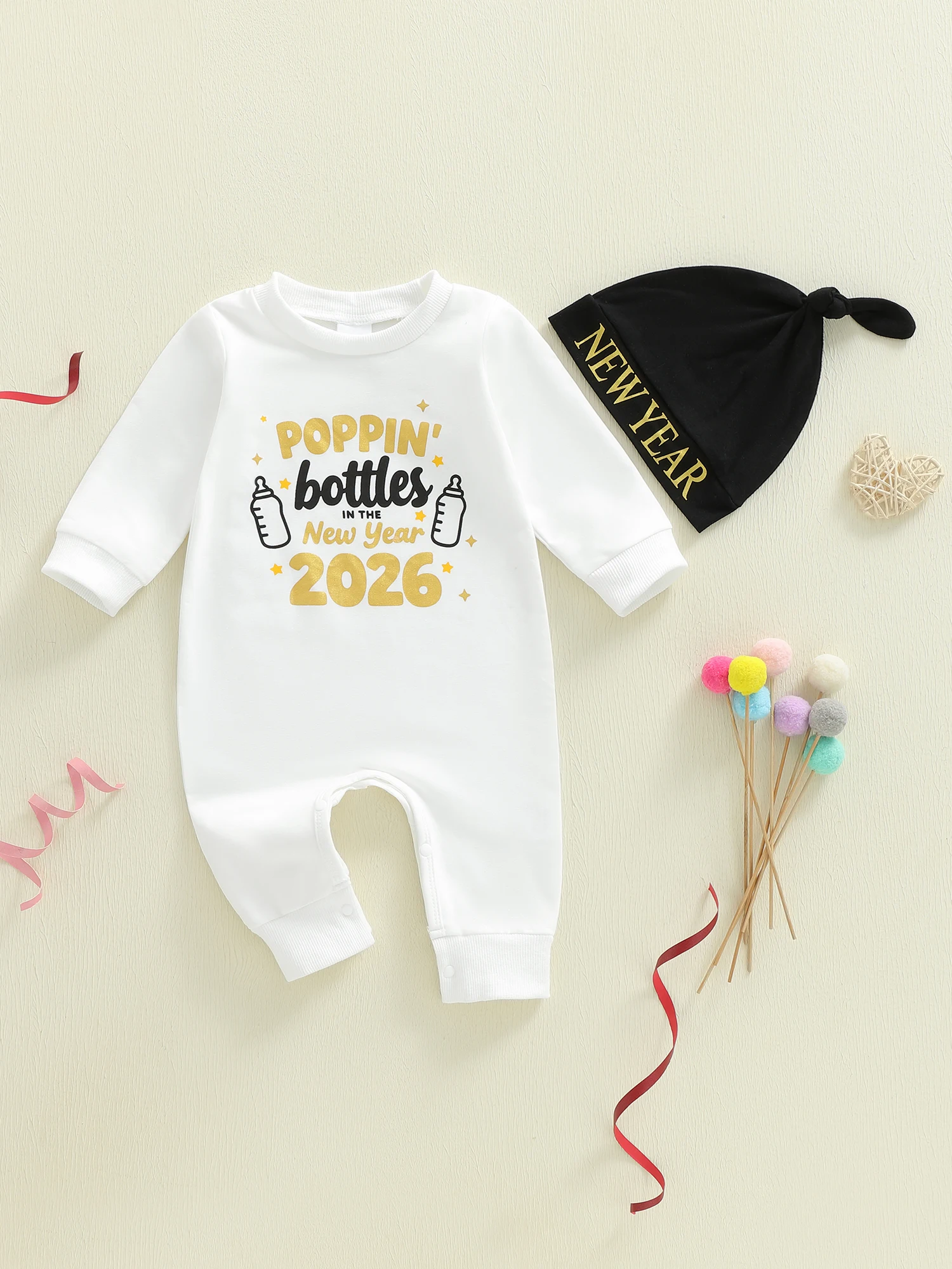 

Милые детские рождественские наряды, комбинезон с длинными рукавами и круглым вырезом с принтом Санта-Клауса и шапкой, комплект из 2 предметов для новорожденных