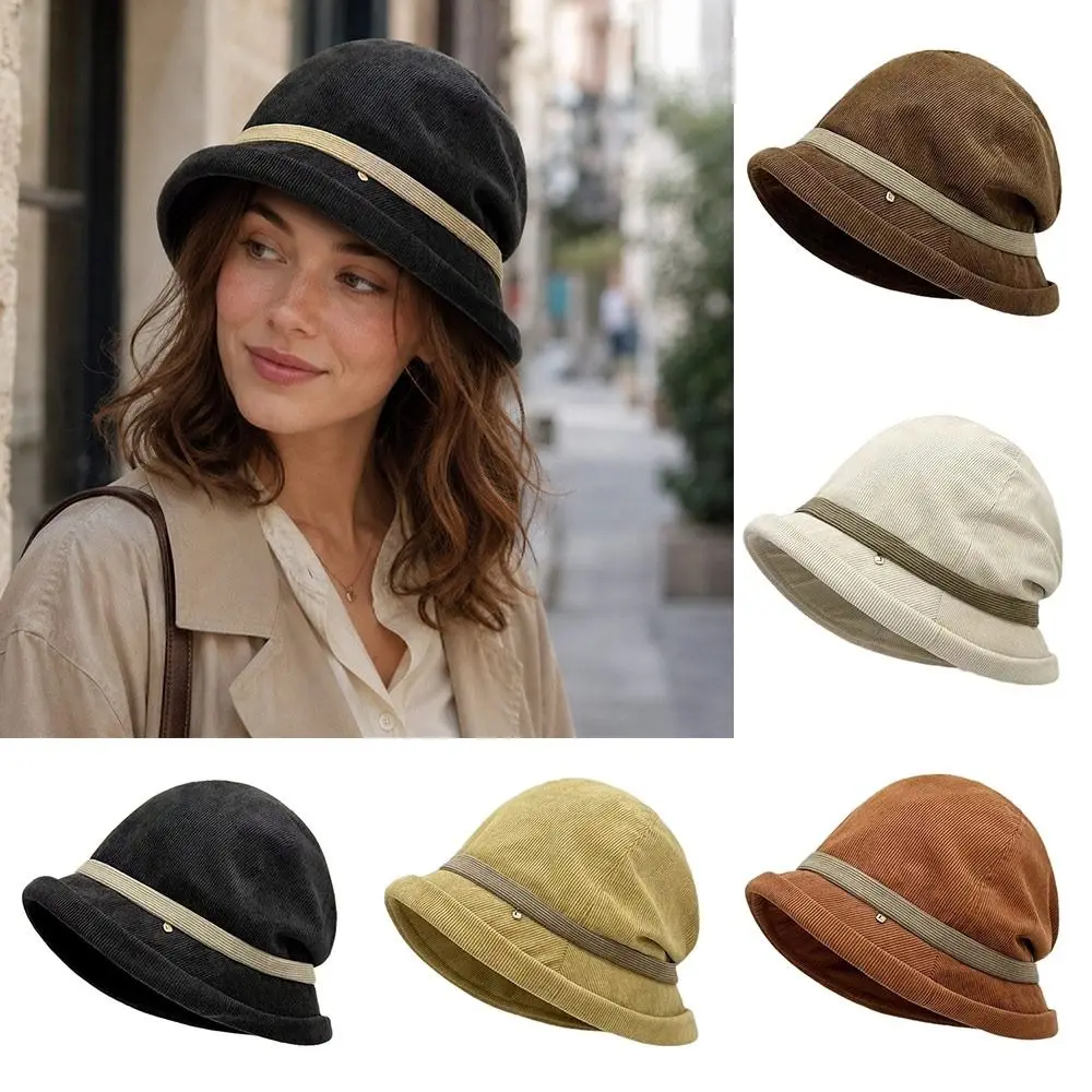 Casual Thicken Corduroy Bucket Hat Cold-Proof Versatile Winter Hat Vintage Ear Protection Warm Cap for Women