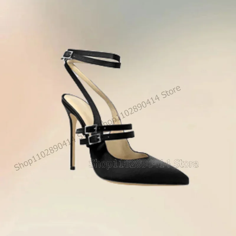 Rosa vermelha fivela decoração rasa apontou toe bombas tornozelo fivela cinta sapatos femininos finos saltos altos moda 2024 zapatos para mujere