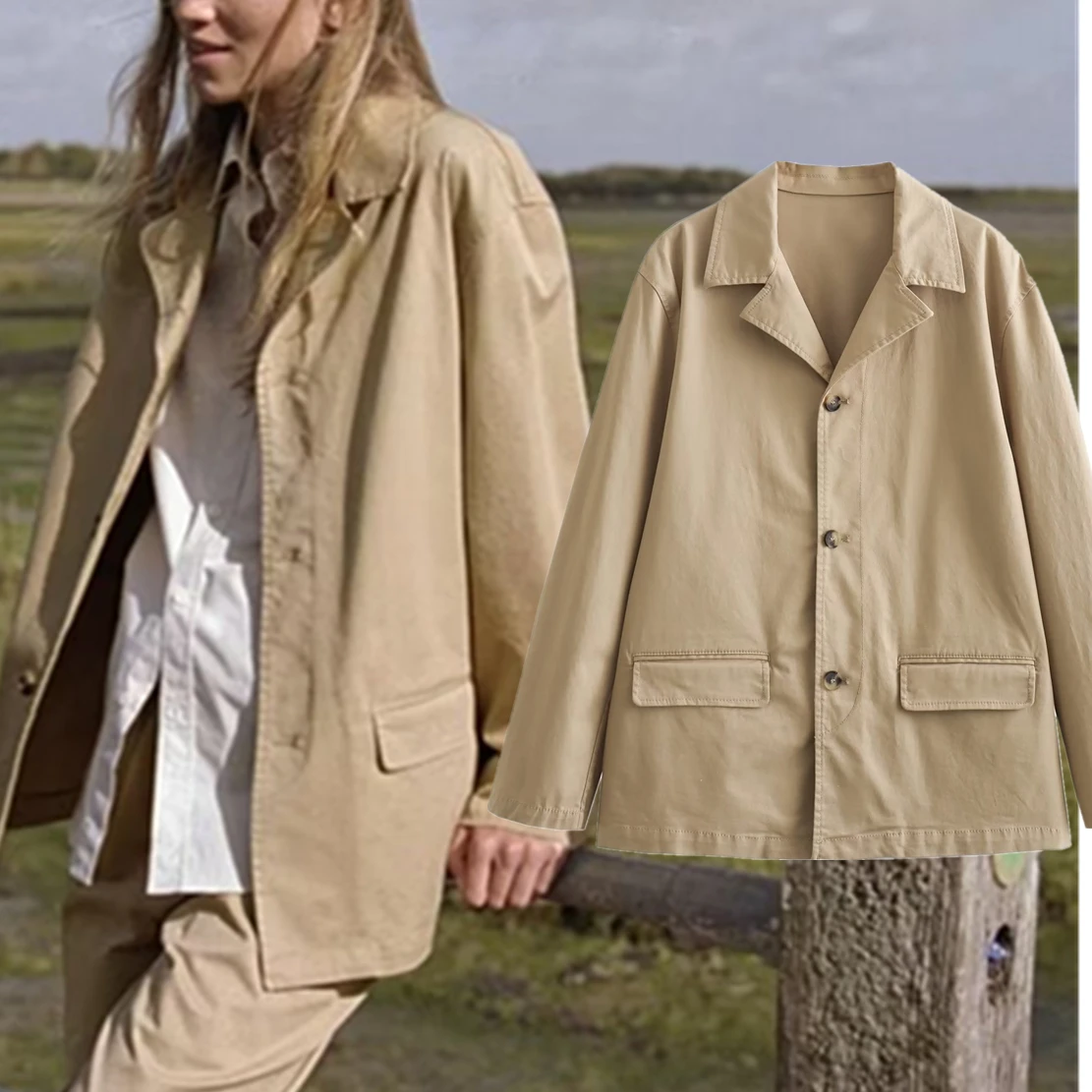 Dave&Di Autumn British Fashion Women's Retro Khaki Twill Casual Suit  Coat Blazers Vintage Jacket Tops