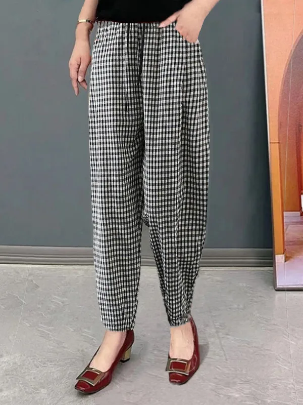 

High Waist Thin Cotton Linen Harem Pants for Women Summer Checkered Casual Loose Dad Pants Korean Style Pocket Nine Points