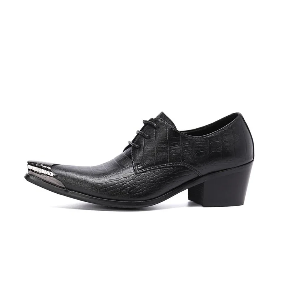 High Heels Black Crocodile Pattern Mens Shoes Genuine Leather Dress  Square Head Derby