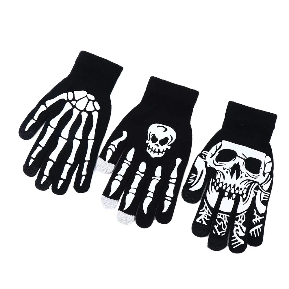 Halloween Fluorescent Skeleton Gloves for Children Boys Girls Mittens Skull Gloves Warm Winter Print Knitting Luminous Gloves