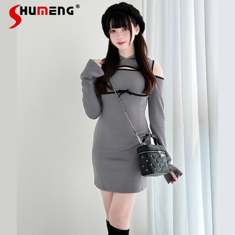 

Japanese Mass-Produced Hooded Long-Sleeve Off-Shoulder Mini Dress Spring Autumn New 2025 Women's Slim Fit Elegant Sweet Dress