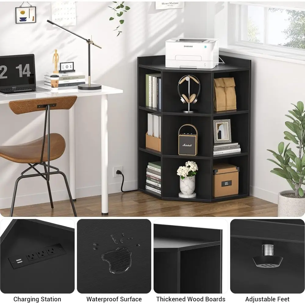 Черный угловой шкаф для хранения с USB-портами и розетками, компактный угловой органайзер-куб, деревянная книжная полка с 9 кубами для Playroo