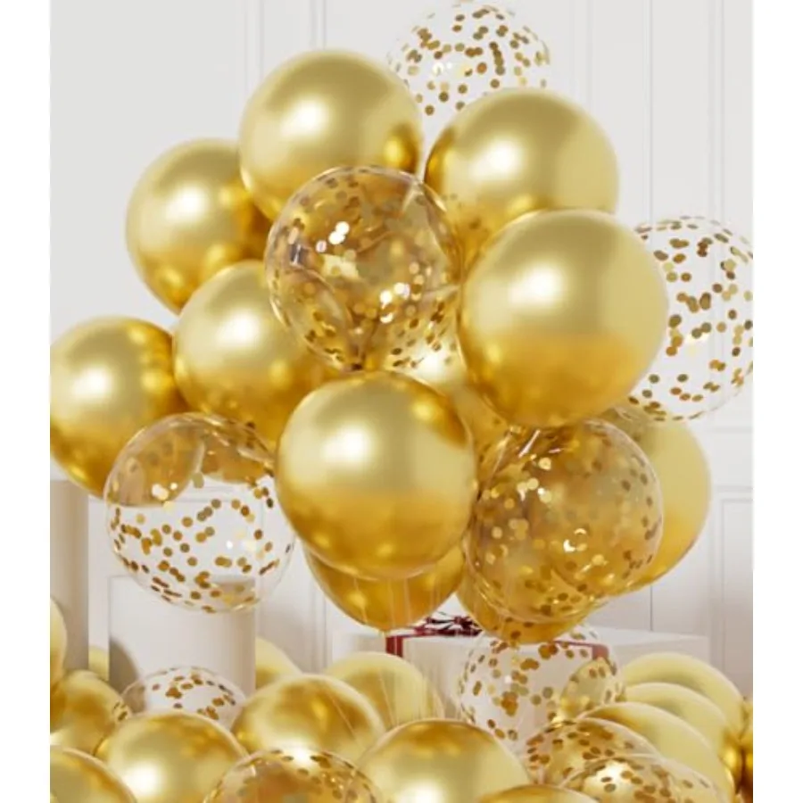 

Party Balloons Pack of 42 - Metallic Balloons and Confetti Balloons and 64Feet Ribbons - 12 Inch Balloons Decorations Set