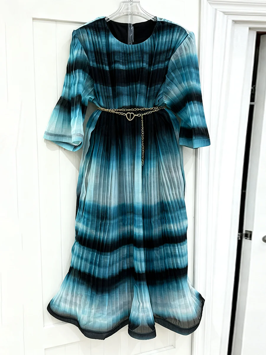 فساتين VGH متدرجة ذات ثنيات مع سلسلة معدنية للنساء برقبة دائرية وأكمام ثلاثة أرباع أنيقة عالية الجودة على شكل حرف A فستان نسائي #5