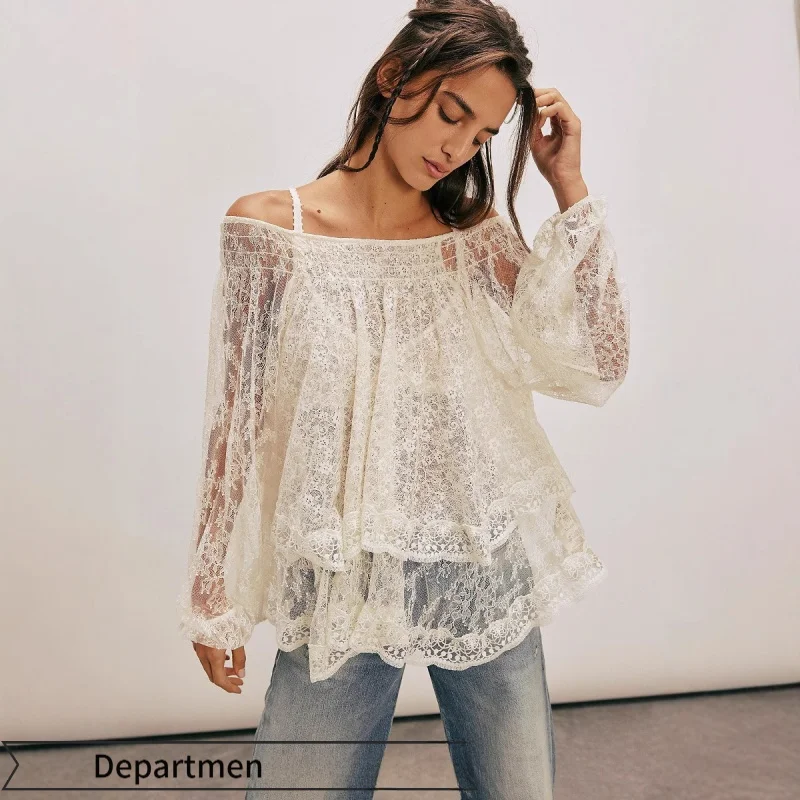

Sexy Translucent Me Blouse for Women with Knot One oulder Long Sve Lace irt Cute Sle Silk Material