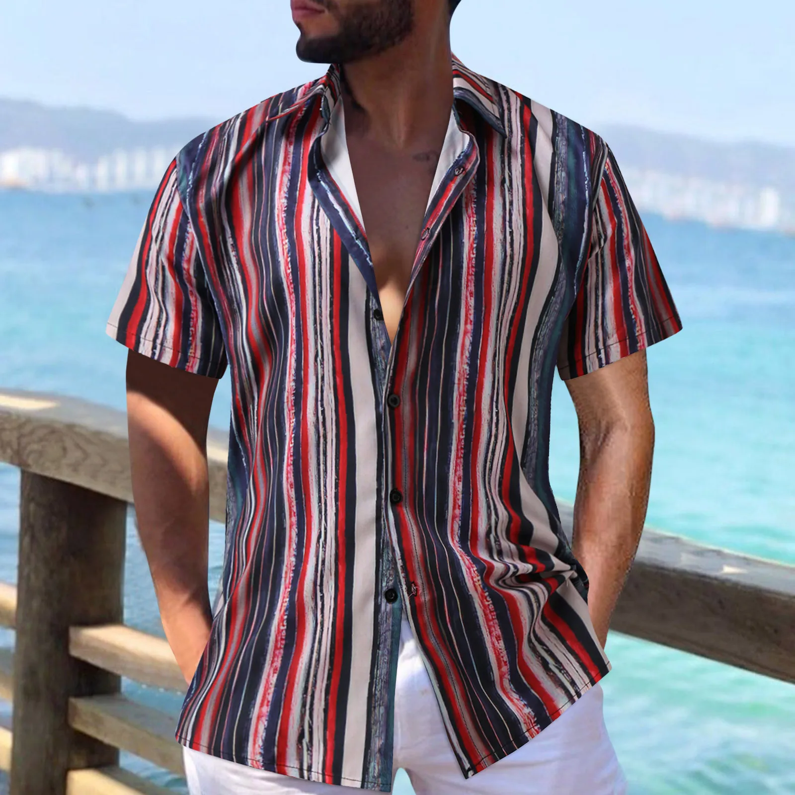 2023 New Men\'s Hawaiian Shirt Short Sleeve For Men 3D Striped Print Blouse Tops Casual Oversized Tee Shirt Male Clothing Camisa