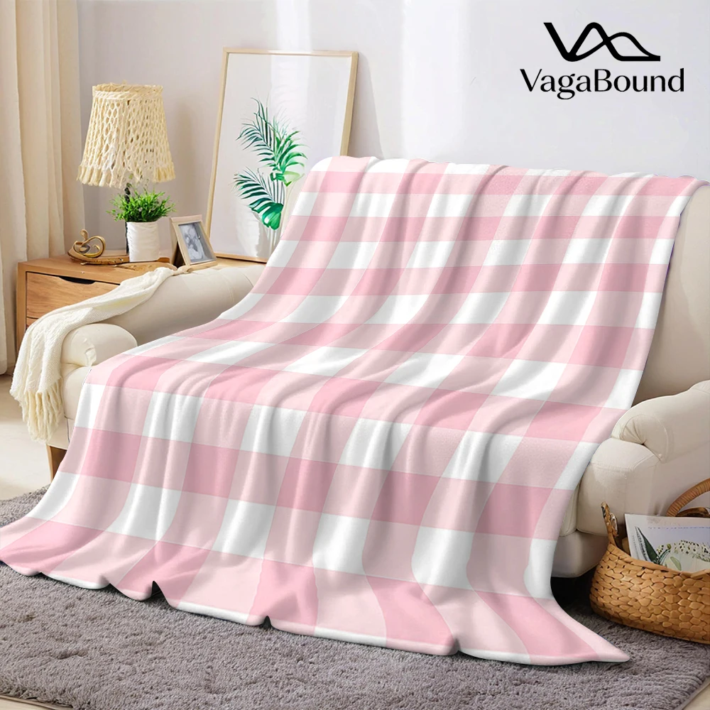 Pink & White Gingham Flannel Blanket Warm Soft Halloween Christmas Couch Warm Cozy Decorative Decor Gift for All Season