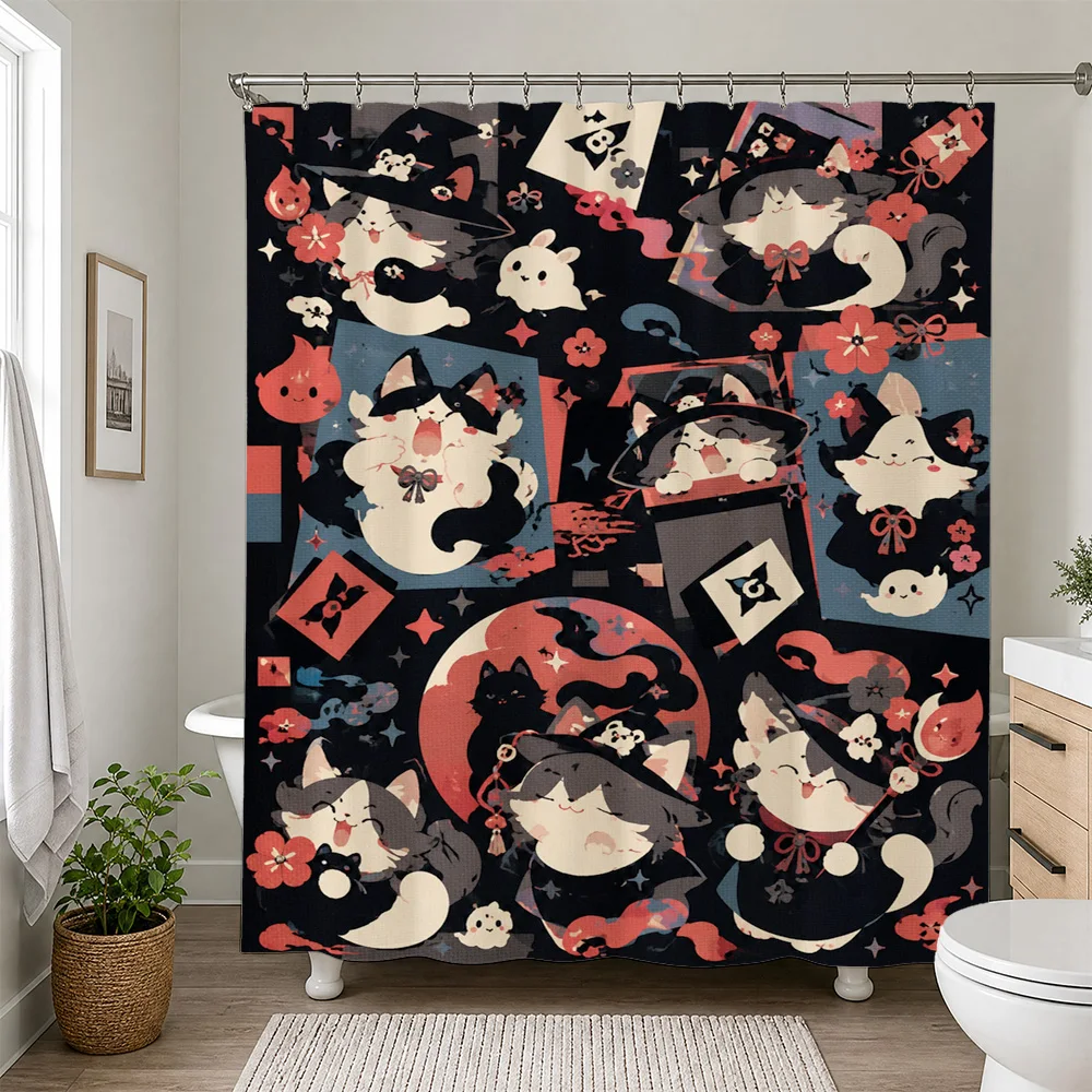 Kawaii Cat Squad Shower Curtain Fun Anime Style Bathroom Decor Cute Pet Shower Curtain