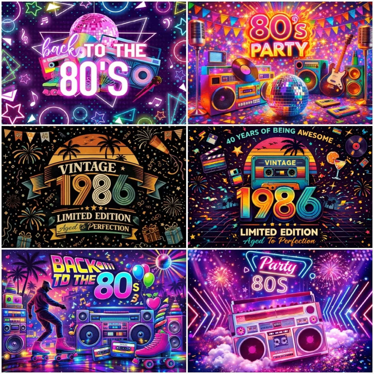 

Back to the 80s Theme Background Retro Disco Music Party Decorations Backdrop Neon Light Graffiti Tapes Photo Studio Banner Prop