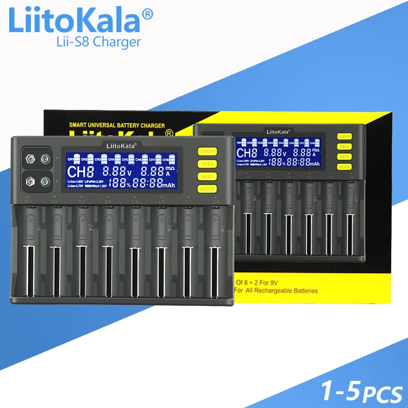 1-5PCS LiitoKala Lii-S8 8 Slots LCD Battery Charger for Li-ion LiFePO4 Ni-MH Ni-Cd 9V 21700 20700 26650 18350 18650 RCR123 18700