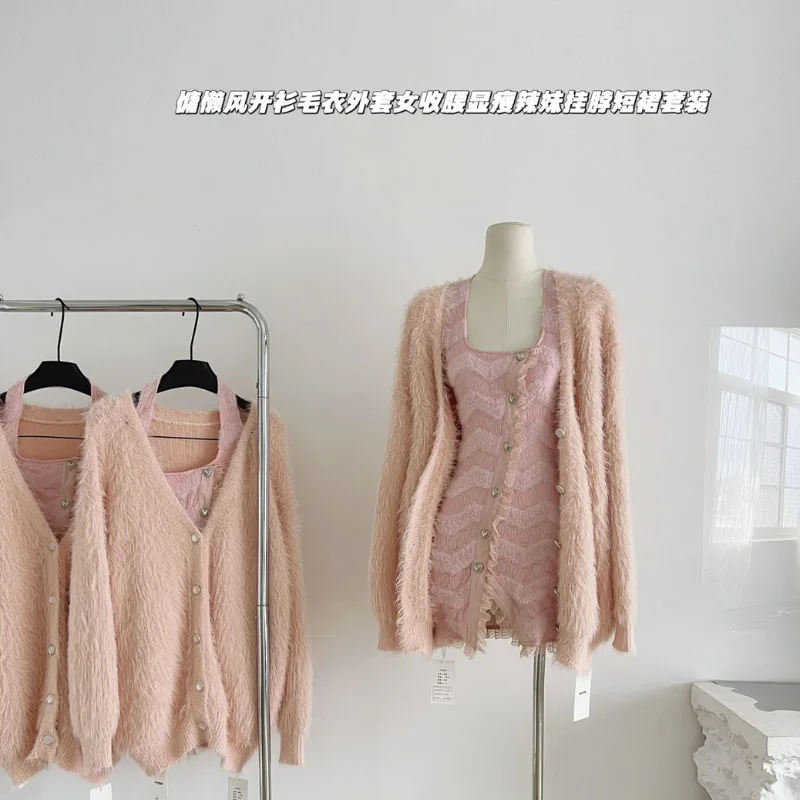 Square Neck Sweet French-style Slouchy Skirt Set Autumn/winter Pink Single-breasted Skirt Suit Long Sleeve Outerwear Basic Set