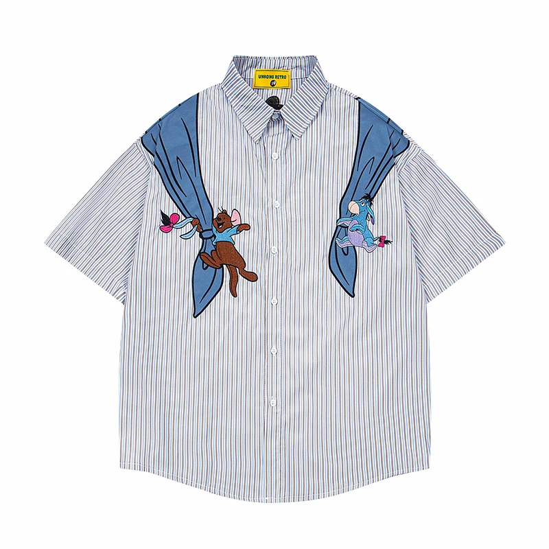 

Men Streetwear Harajuku Shirt Childlike Bear Embroiderey Casual Striped Shirt Loose Hip Hop Oversize Beach Summer Short Sleeve