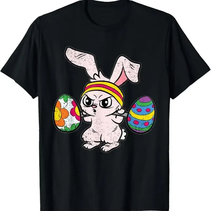 

Strong Bunny Weight Lifting Easter Eggs Graphic T Shirt Workout Gym Fitness Tee