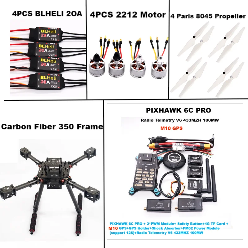 RctoSky Carbon Fiber 350  PIXHAWK 6C PRO M10 KitFlight Control Ardupilot Radio Telemetry Quadcopter BLHELI 20A 2212 Motor ESC