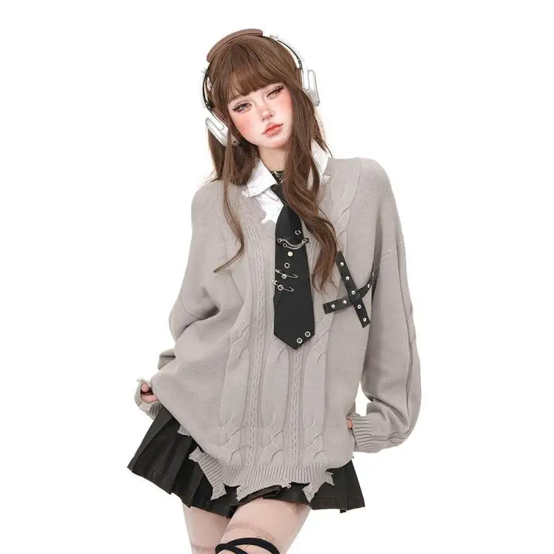 Sweter Rajutan Vintage Gaya Amerika Wanita Musim Gugur Musim Dingin Harajuku Longgar Lengan Panjang Pullover Fashion Wanita Jumper