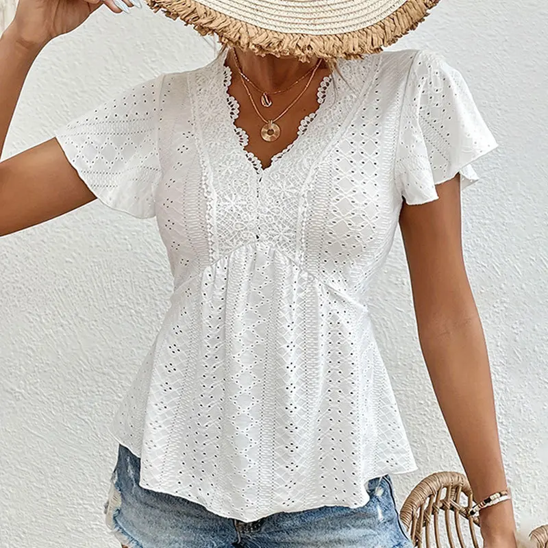 Fashion Lace See-through V-neck Short Sleeve Blouse Women 2024 Casual Spring Summer Stretch Shirts Ladies Tops Mujer Elegant