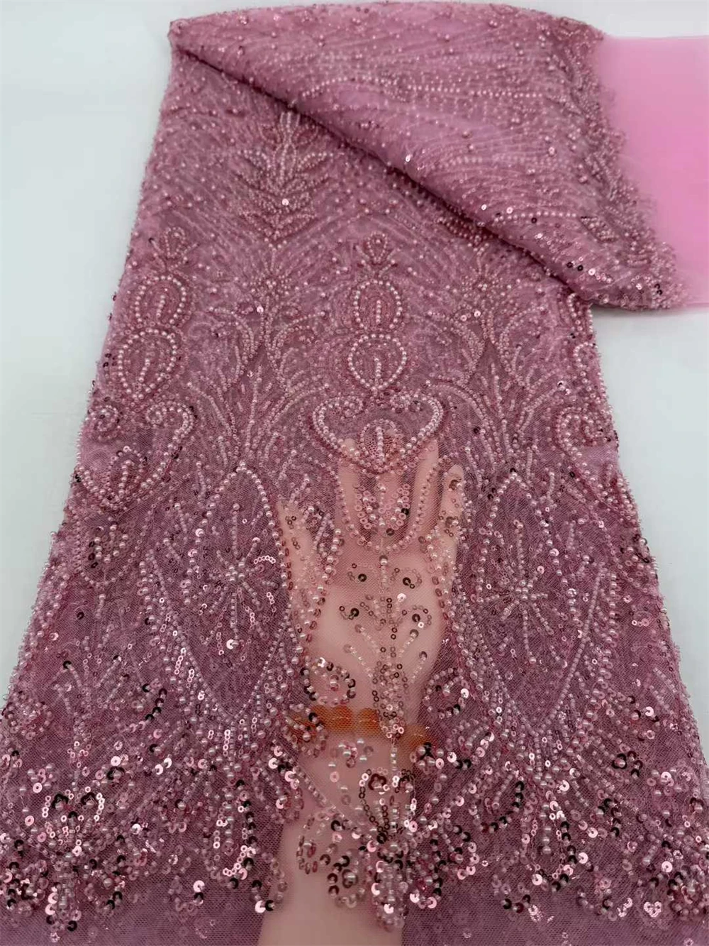 

Women Party Season African Sequins Beads Tulle Lace Fabric 5Yards High Quality French Embroidery Net Lace For Sewing Wedding ZXX