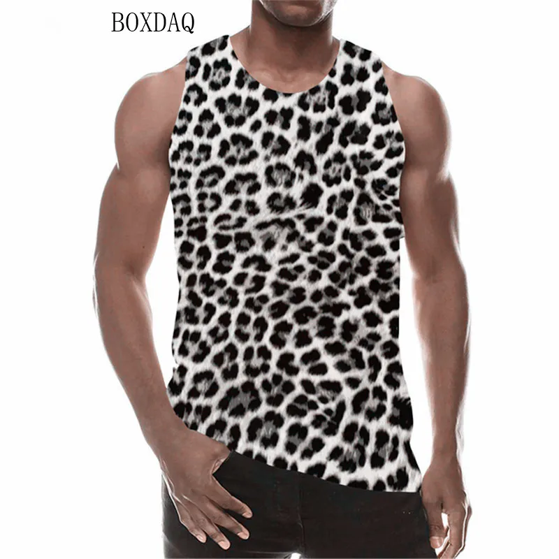 Fashion Leopard Men\'s Tanks Summer Sleeveless Animal Pattern 3D Print Male Vest Loose Casual Round-Neck Sporty Gym Tops Hip Hop
