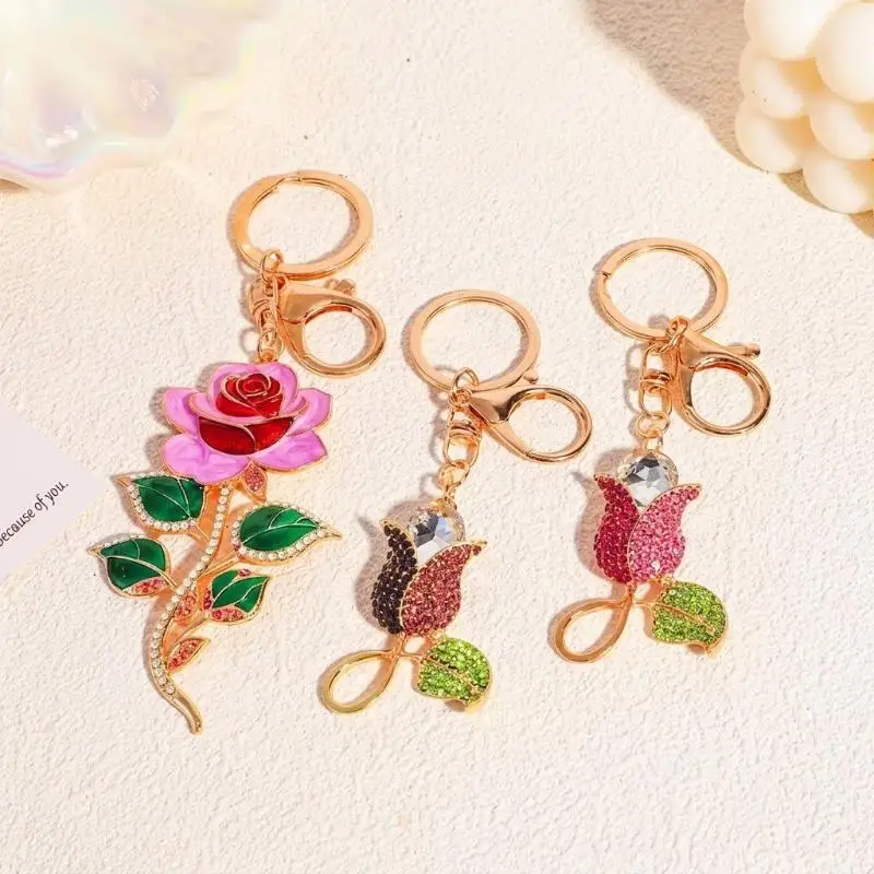 Blumen-Schlüsselanhänger, mehrfarbig, mit Strasssteinen und Kristallen, Auto-Schlüsselanhänger, Damen-Handtaschenanhänger, modisches Rucksack-Accessoire, Souvenir-Geschenk, Rosa – Detail 2