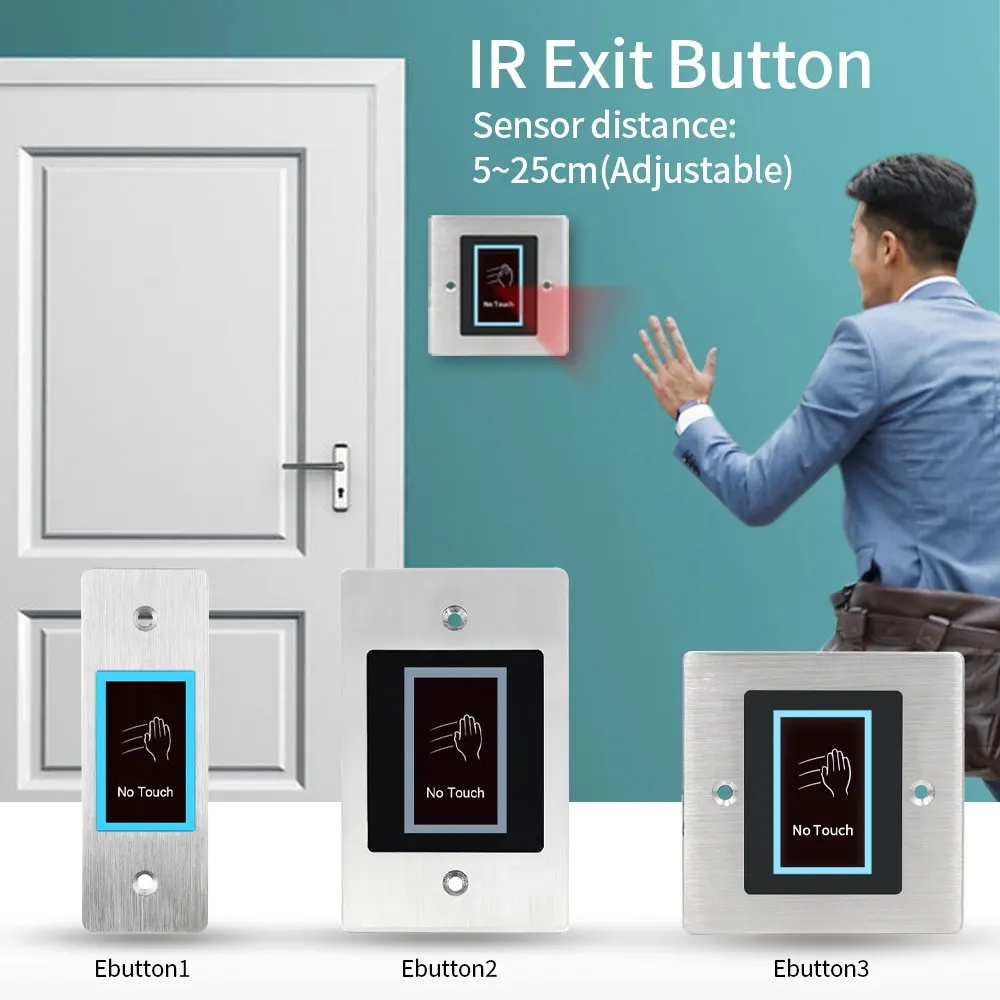 Metal Backlight Infrared Touchless Exit Release Switch Button No Touch Switch IP54 Waterproof Wired Delay Access Control System