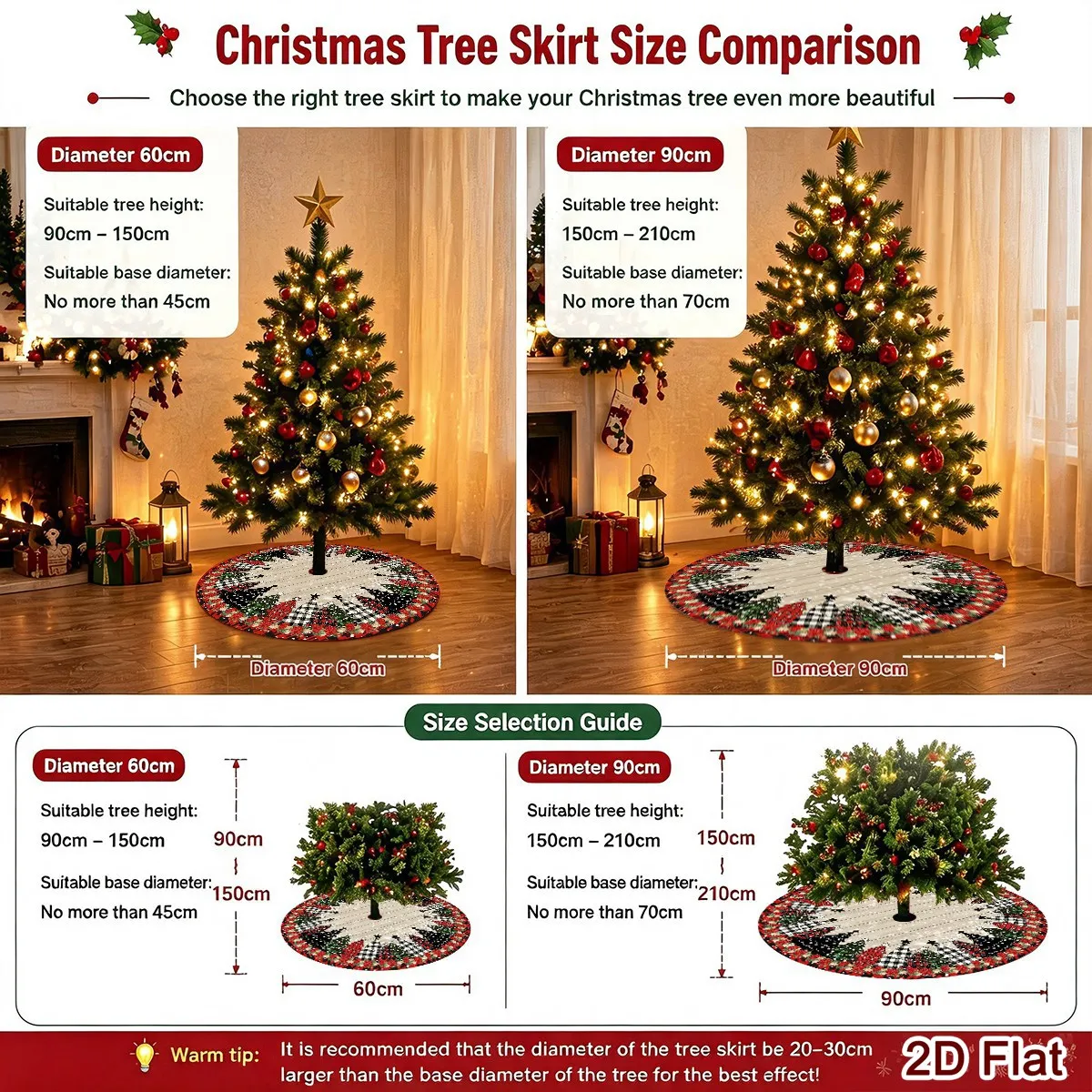 Weihnachtsbaumdecke mit Weihnachtsstern-Druck, rund, 60/90 cm, waschbare Baummatte aus Polyester, Dekoration für Zuhause und Partys, Weihnachtsdekorationen – Detail 6