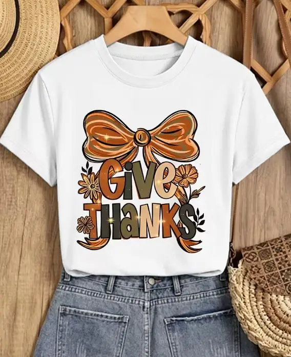 Give Thanks Shirt Women Thanksgiving Bow Tee Cute Sunflower Floral Printed Graphic T Shirts Retro Autumn Casual Black Top