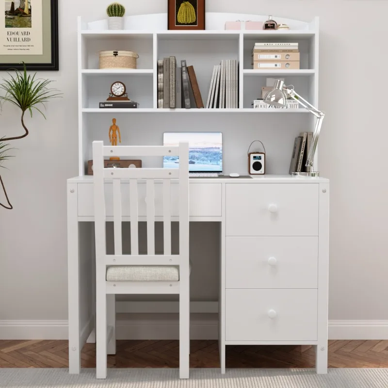 White wooden computer desk with shelves and drawers  home office study desk with chair modern laptop workstation