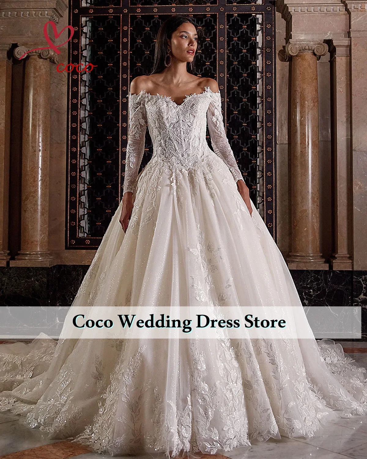 تخصيص قبالة الكتف كم طويل الرقبة الحبيب الخرز الكامل يزين لامعة الكرة ثوب فساتين الزفاف Vestido De Noiva #1