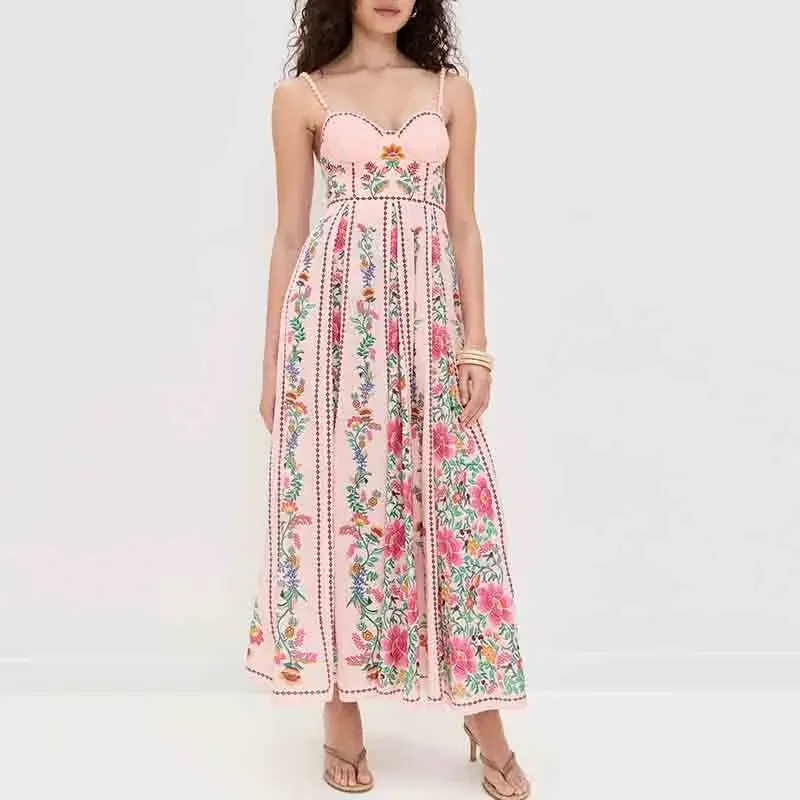 Temperamento Abito bohémien stampato floreale Donna Casual Vita alta Senza maniche Abito lungo senza schienale Donna Elegante abito da festa Boho