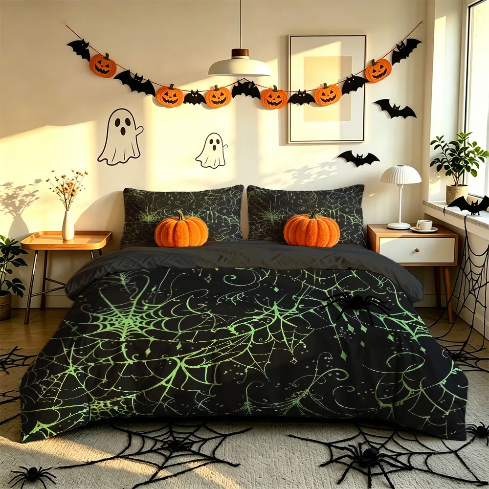 3PCS Night Green European‑Style Spider Web Bedding Set,1 Duvet Cover+2 Pillowcases,No Filling,Soft Comfortable Fabric,Machine