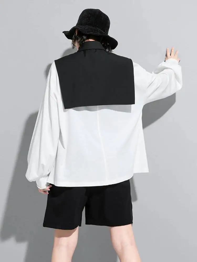 Black White Women Color-block Big Size Casual T-shirt New Lapel Long Sleeve Fashion  Spring Autumn 2026 VK2L