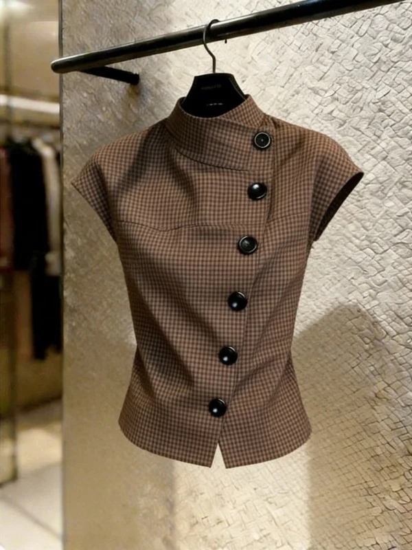 

Spring 2026 Coffee Color Stand Collar Short Sleeve Shirt Women's Commute Slimming Top Retro Style Fashionable Elegant