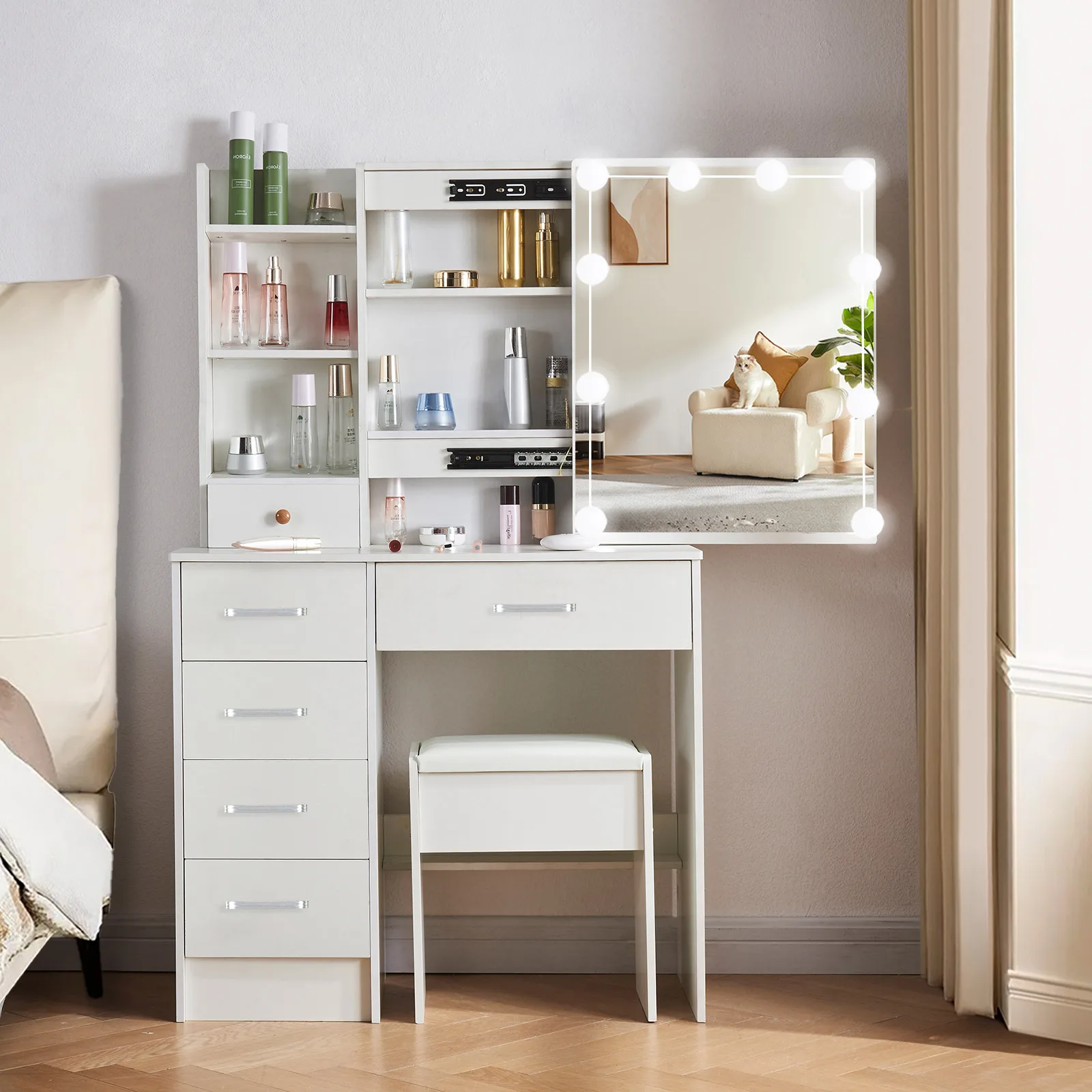 LED Lighted Dresser Set, 3 Colors Adjustable Brightness, White Dresser with Drawers and Upholstered Stool with Five Drawers