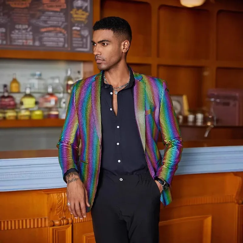 

Rainbow Colored Men's 2-piece Suit, Banquet and Stage Performance Clothing, Shiny Checkered Sports Jacket and Pants.