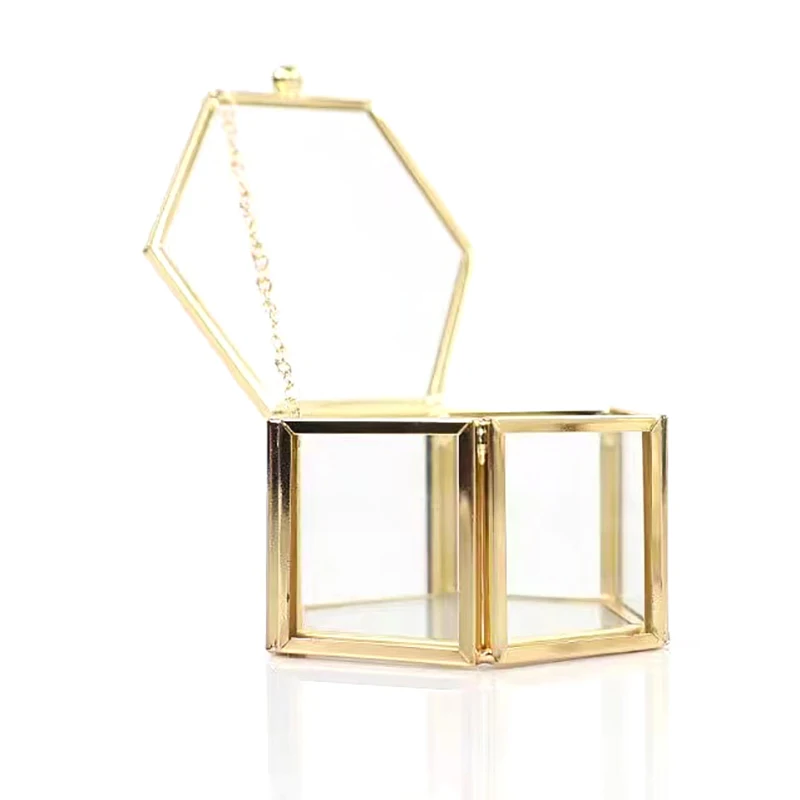 High-end Hexagonal Ring Box Gold And Jewelry Accessory Box Golden Glass Luxurious And Retro Jewelry Storage Box - view 3