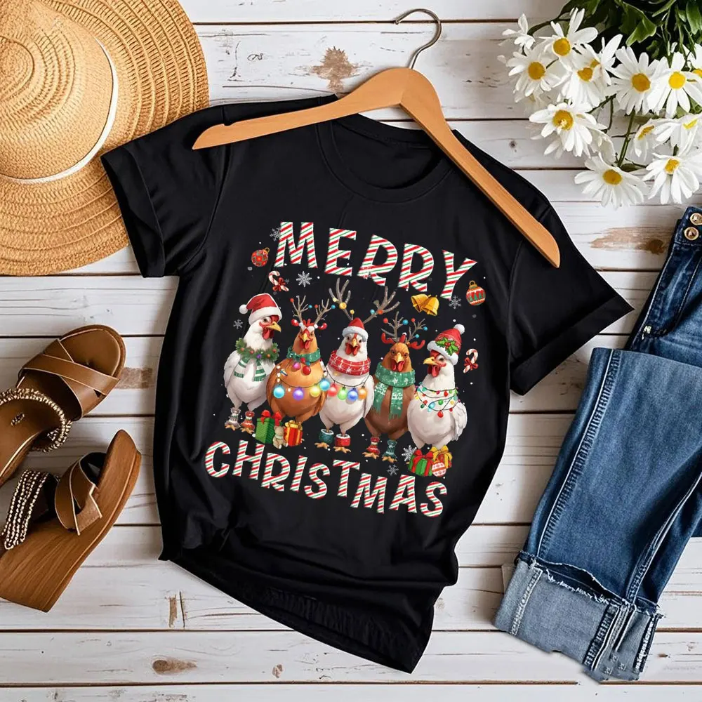 

Christmas Lights Chicken Santa Funny Xmas Tree Unisex Men Shirt Gift Funny Print Round Neck Tshirt Cute Graphic Tees